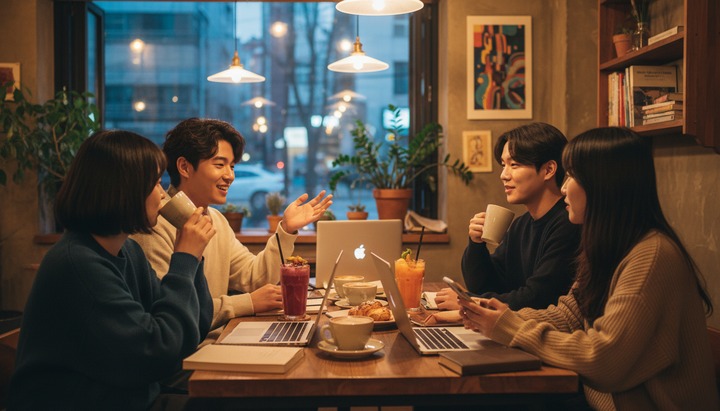 친구들이 카페에서 함께 디바이스를 사용하는 모습