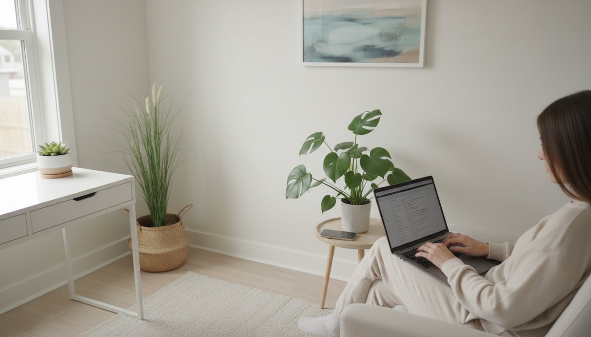 서울 오피스에서 노트북으로 ChatGPT를 업무에 활용하는 한국 직장인