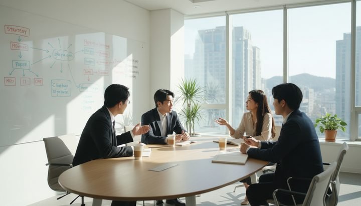 서울 성수동 카페에서 태블릿으로 디자인 작업하는 한국 여성 크리에이터