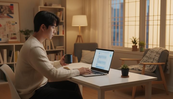 서울 여의도 사무실 회의실에서 팀원들과 노트북으로 자료를 공유하는 직장인
