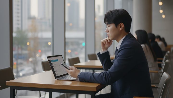 ChatGPT Plus를 사용하는 한국 직장인이 서울 강남 사무실에서 업무를 처리하는 모습