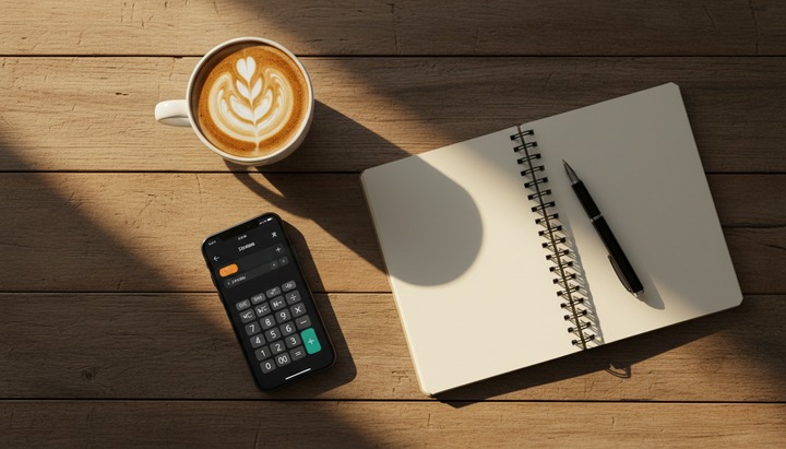 스마트폰 계산기와 커피 한 잔이 놓인 책상
