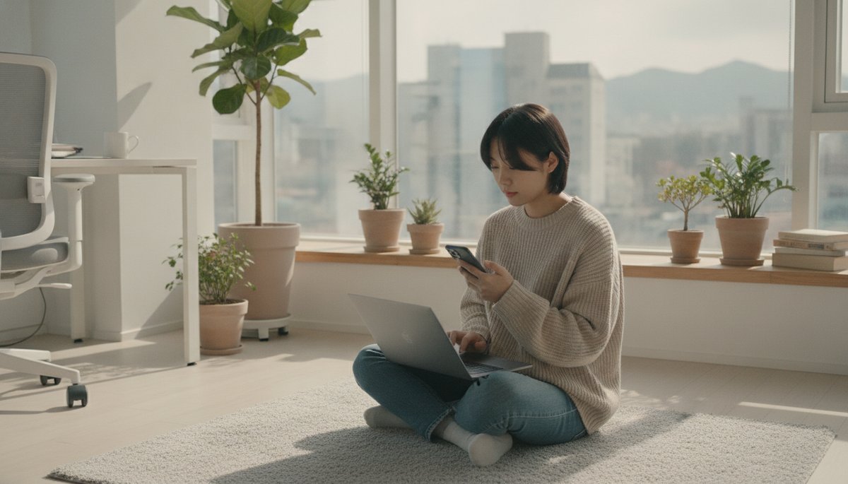서울 카페에서 노트북으로 ChatGPT 프롬프트를 작성하는 한국 직장인