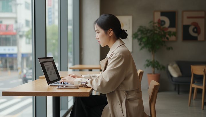한국 사무실에서 ChatGPT로 보고서를 단계별로 작성하는 직장인