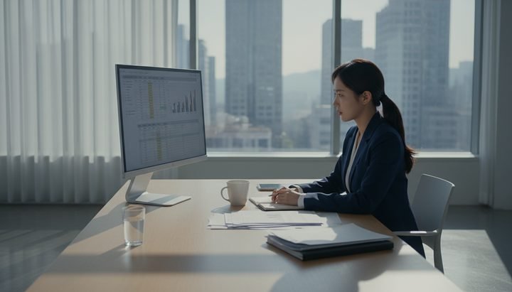 노트북으로 ChatGPT 사용 중인 한국 직장인 - 강남 사무실