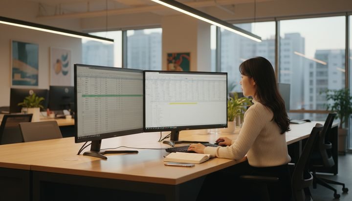 보고서 검토하는 한국 직장인 - 서울 오피스