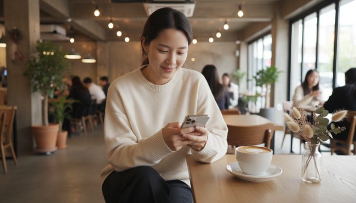 서울 카페에서 노트북으로 온라인 쇼핑하는 한국 20대 여성
