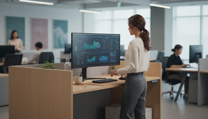 한국 사무실에서 스마트폰으로 제품을 비교하는 직장인