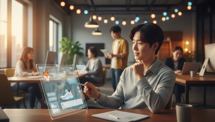 한국 아파트 거실에서 태블릿으로 쇼핑하는 모습