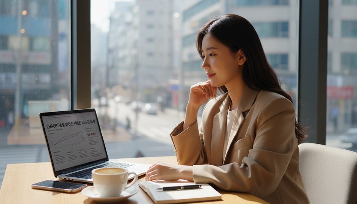 서울 성수동 카페에서 친구와 함께 스마트폰으로 해외 직구 제품을 비교하는 모습
