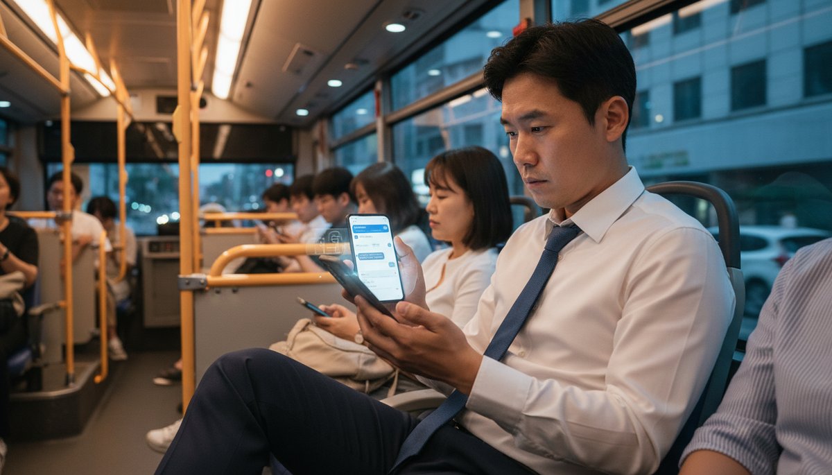 퇴근길 버스 안에서 스마트폰으로 ChatGPT에 업무 의뢰하는 한국 직장인 남성