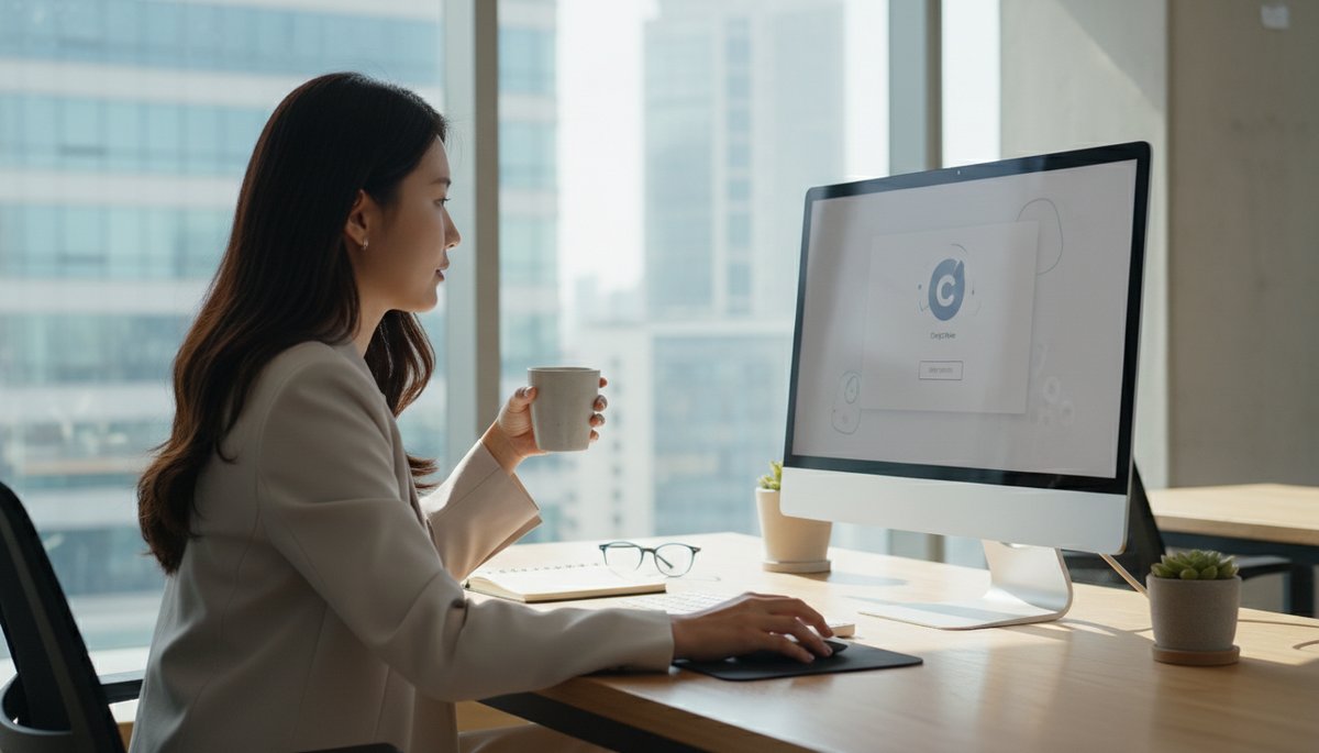 서울 사무실 책상에서 ChatGPT Plus 구독 화면을 확인하는 직장인