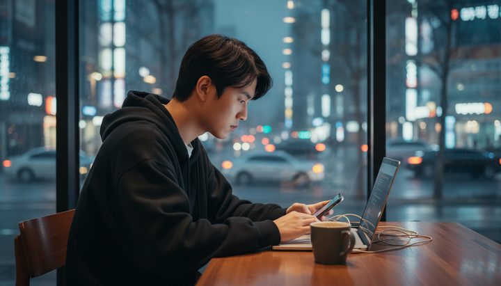 서울 강남 사무실 야간 작업 중 모니터를 응시하는 한국 개발자 남성