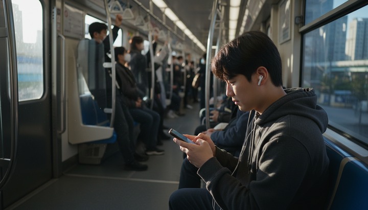 이어폰을 끼고 유튜브를 즐기는 한국 남성