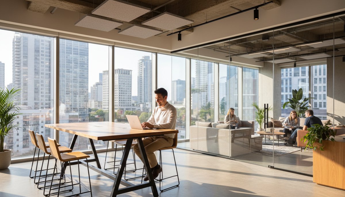 Korean coworking space in Seongsu-dong with multiple developers reviewing AI benchmarks