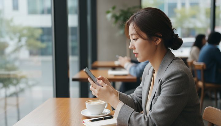 서울 카페에서 스마트폰으로 AI 서비스를 사용하는 한국인 여성
