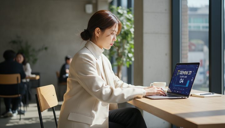 한국 코워킹 스페이스에서 노트북으로 작업하는 한국인 직장인