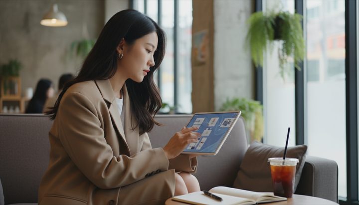 한국 아파트 거실에서 태블릿으로 AI를 활용하는 모습
