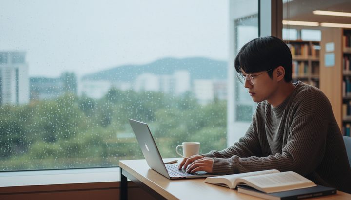 서울 카페에서 스마트폰으로 Gemini 음성 대화를 사용하는 20대 여성