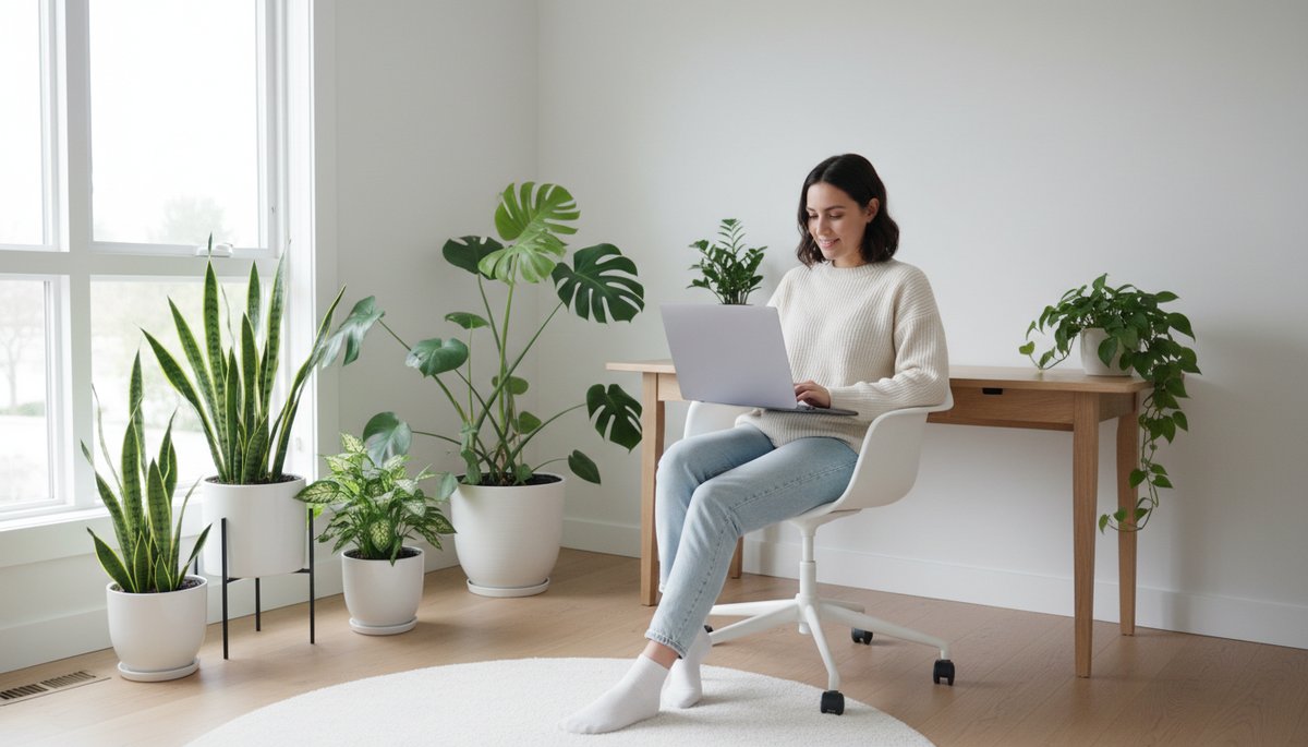 Korean woman working on laptop comparing AI assistants in bright Seoul home office with plants