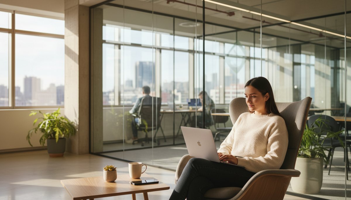 Korean office worker using Gemini with Google Workspace on laptop in bright Seoul office