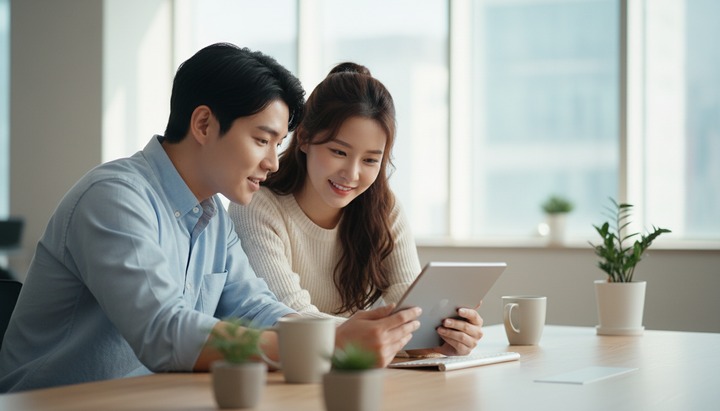 동료와 태블릿으로 협업하는 모습