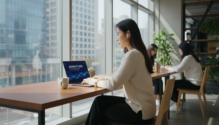 Google Gemini AI 로고가 표시된 스마트폰을 손에 들고 있는 한국인 직장인