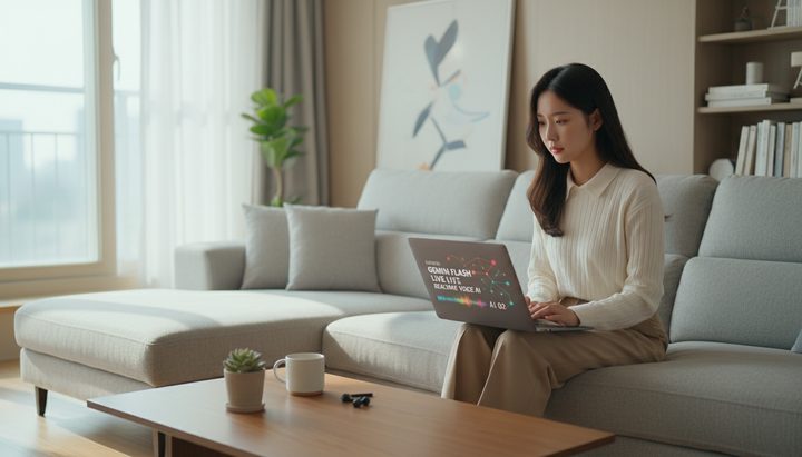 서울 카페에서 노트북으로 AI 관련 뉴스를 읽고 있는 한국인 여성