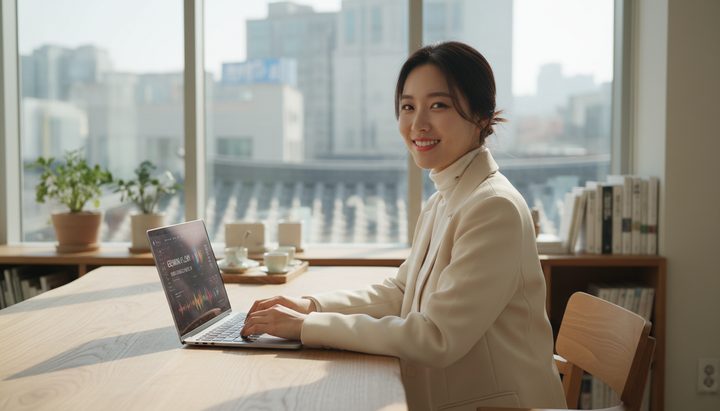 한국 코워킹 스페이스에서 무선 이어폰을 끼고 AI 음성 어시스턴트를 사용하는 한국인 여성