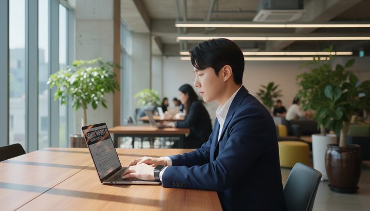 서울 카페에서 노트북으로 Gemini를 사용하는 한국인 여성