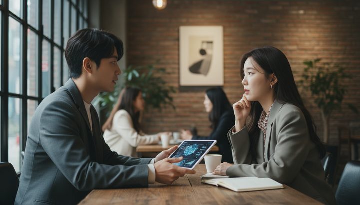 서울 강남 오피스에서 동료와 AI 서비스에 대해 이야기하는 한국인 직장인들