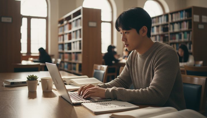 한국 대학교 캠퍼스 도서관에서 노트북을 사용하는 한국인 대학생