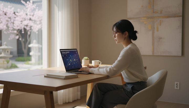 서울 성수동 카페에서 아이스 아메리카노를 마시며 태블릿을 보는 한국인 여성