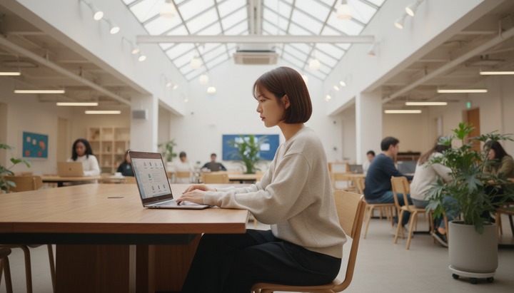 코워킹 스페이스에서 클라우드 서비스 옵션을 둘러보는 직장인