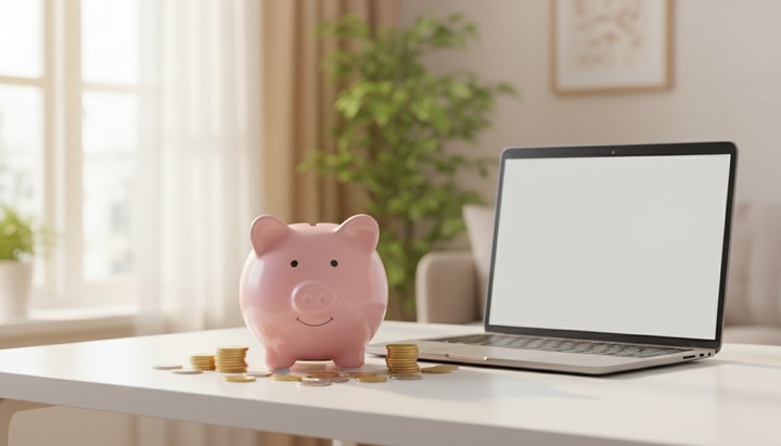 깔끔한 책상 위의 저금통과 노트북