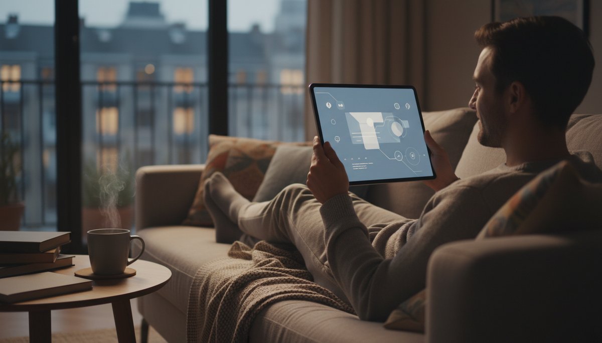 한국 아파트 서재에서 태블릿으로 Google Drive를 정리하는 한국인 남성