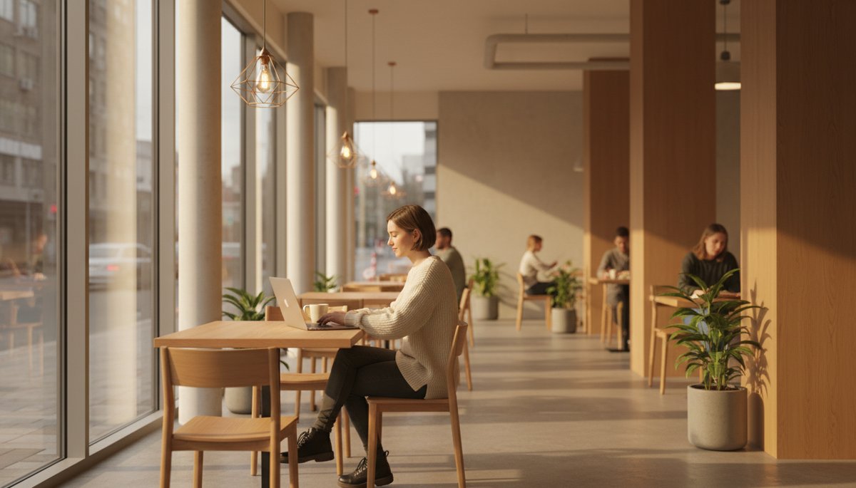 깔끔한 한국식 사무실 책상 위에 놓인 스마트폰과 노트북, 자연광이 들어오는 창가 배경