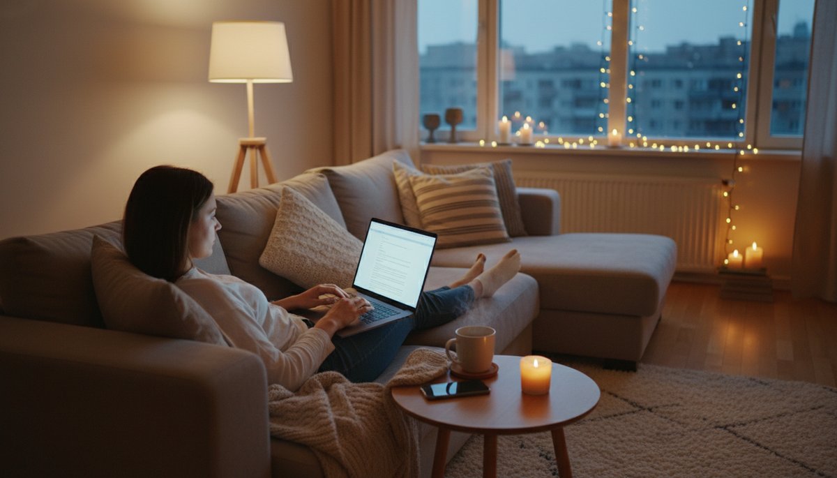 한국 아파트 거실에서 태블릿으로 뉴스 기사를 읽고 있는 한국인 30대 남성