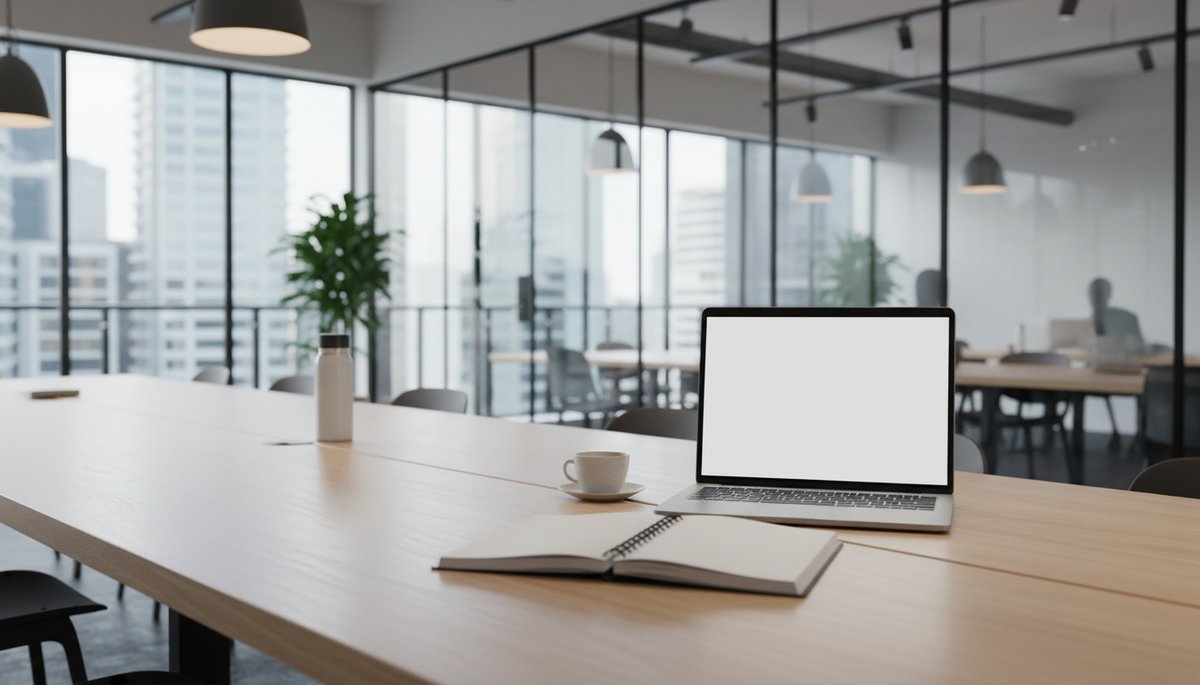 서울 테헤란로 IT 기업 회의실에서 프레젠테이션 화면을 보는 한국 팀원들