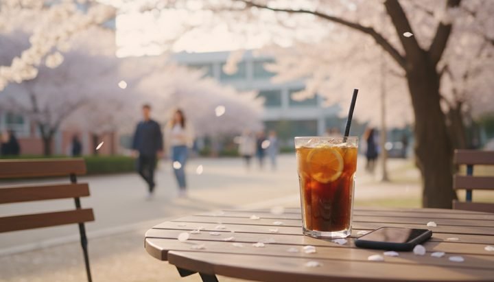 서울 카페에서 스마트폰으로 ChatGPT를 사용하는 한국 대학생