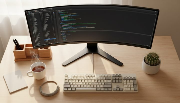 한국 사무실 책상 위 모니터에 AI 챗봇 화면이 보이는 장면