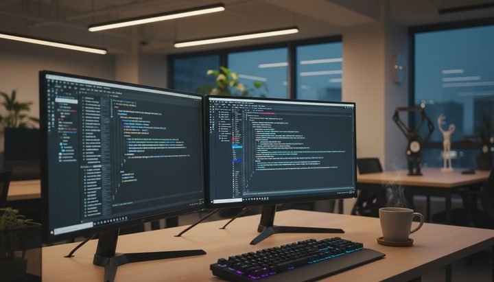 한국 스타트업 사무실에서 듀얼 모니터로 코딩하는 한국인 개발자