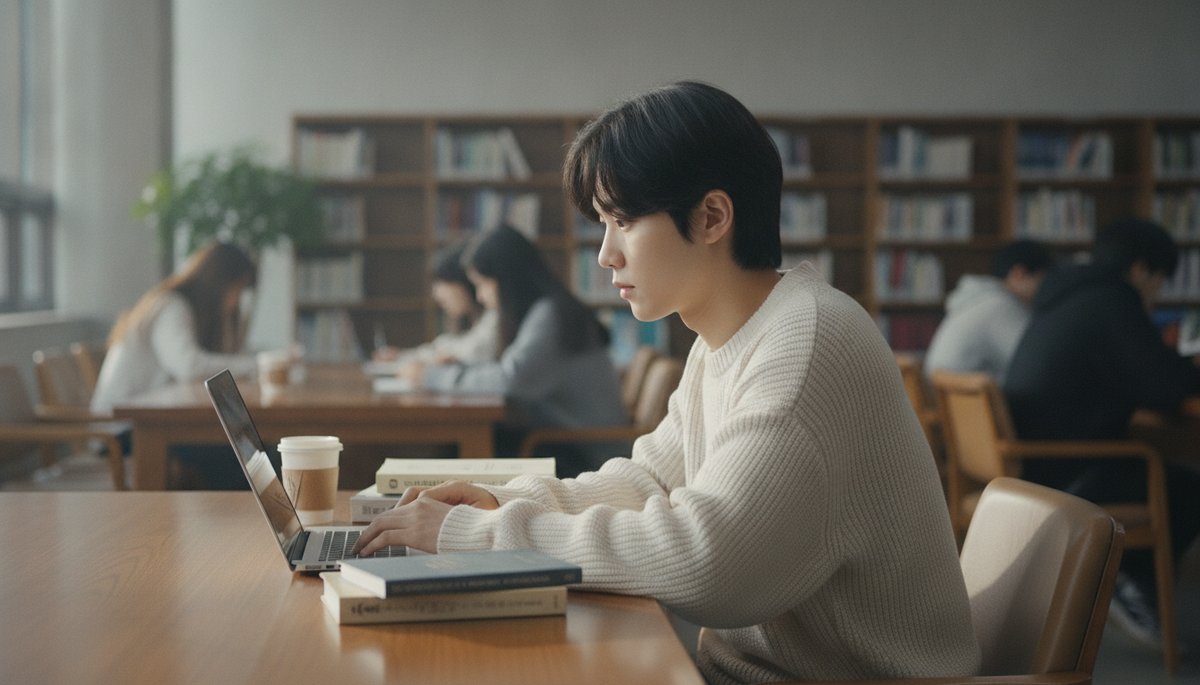 밝은 서울 카페에서 노트북으로 검사 결과지를 정리하며 메모하는 한국인 남성