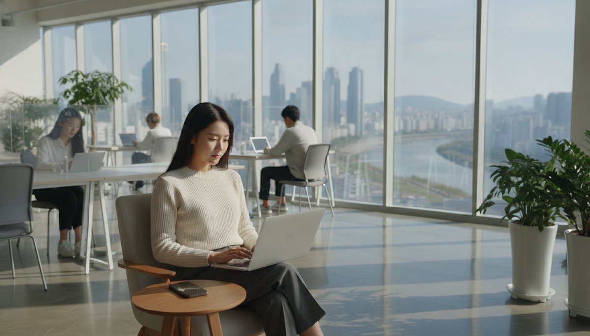 서울 오피스에서 태블릿을 보며 동료와 건강 정보에 대해 이야기하는 한국인 직장인 두 명