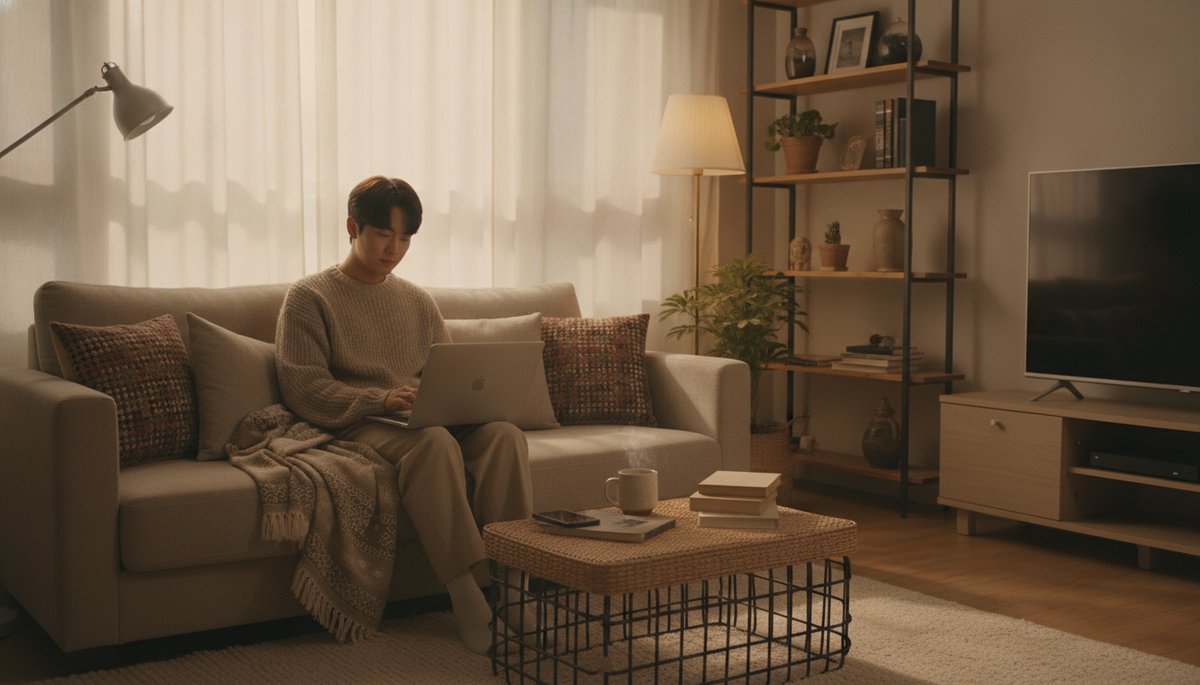서울 병원 대기실에서 진료를 기다리며 차분히 앉아 있는 한국인 여성