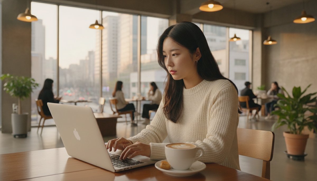 서울 아파트에서 식탁에 앉아 노트북으로 진료 준비 메모를 작성하는 한국인 여성