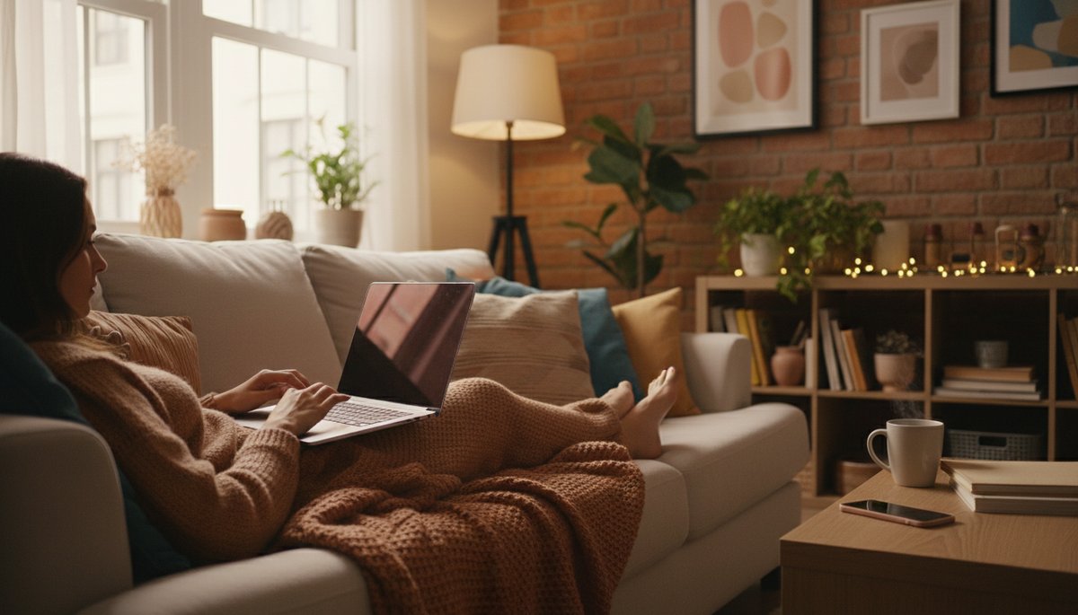 한국 오피스텔 홈오피스에서 듀얼 모니터로 작업하는 한국인 30대 프리랜서 여성