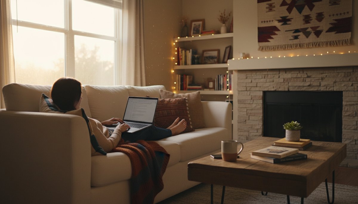 서울 강남 카페에서 노트북으로 보고서를 작성하는 한국 직장인