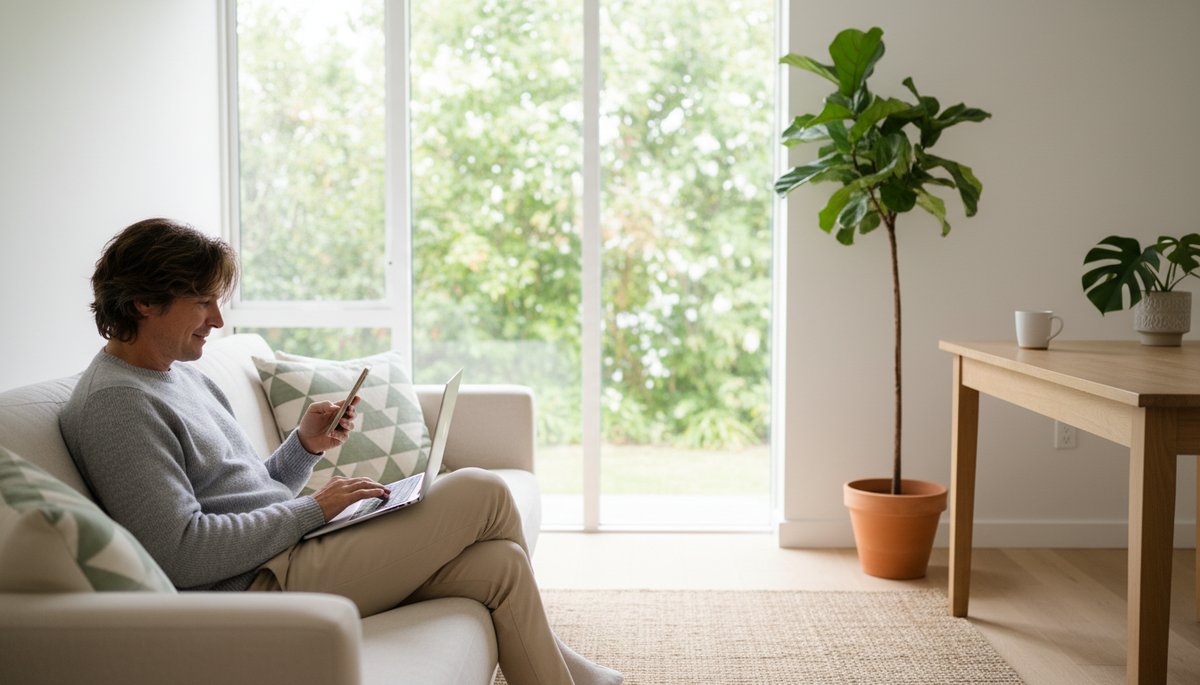 카페에서 스마트폰으로 서브쉐어 구독 서비스 앱을 보는 한국 직장인