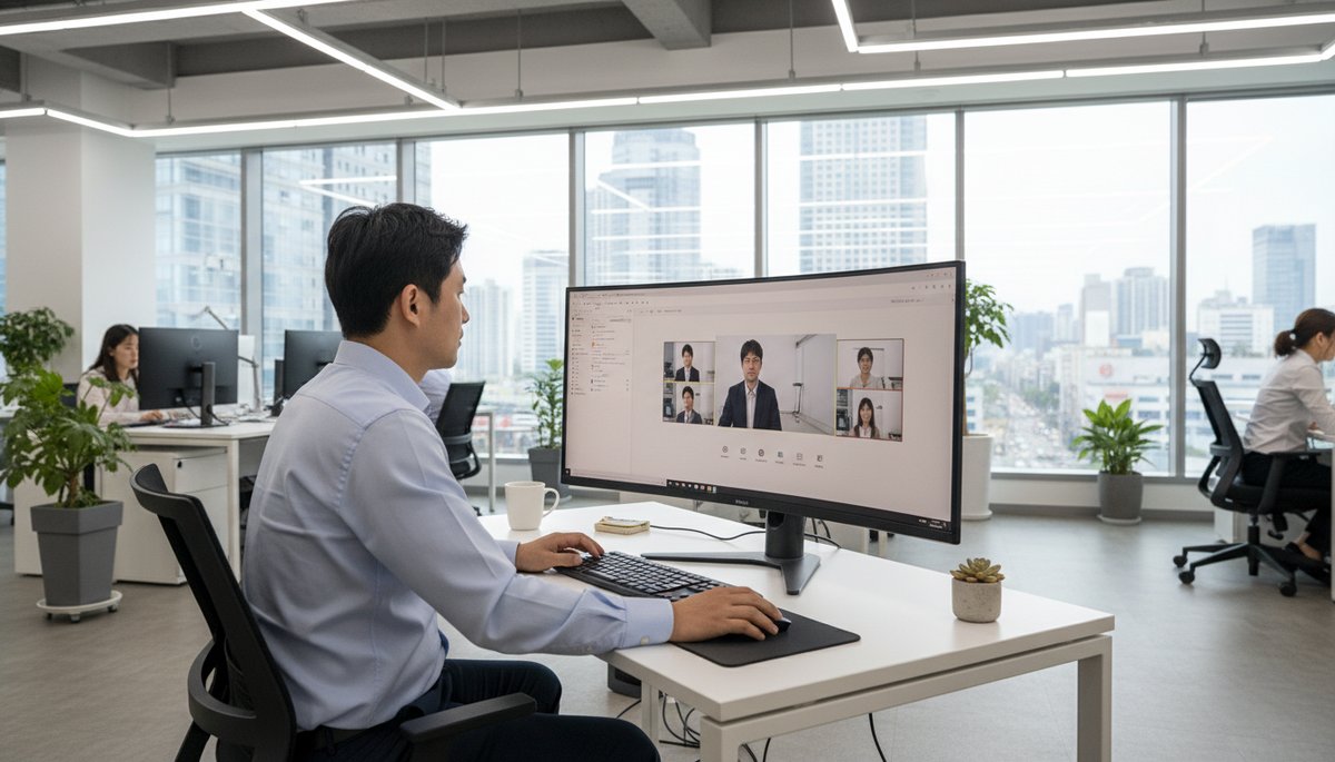 서울 강남 오피스에서 MS Teams 화면을 보며 업무하는 한국인 직장인